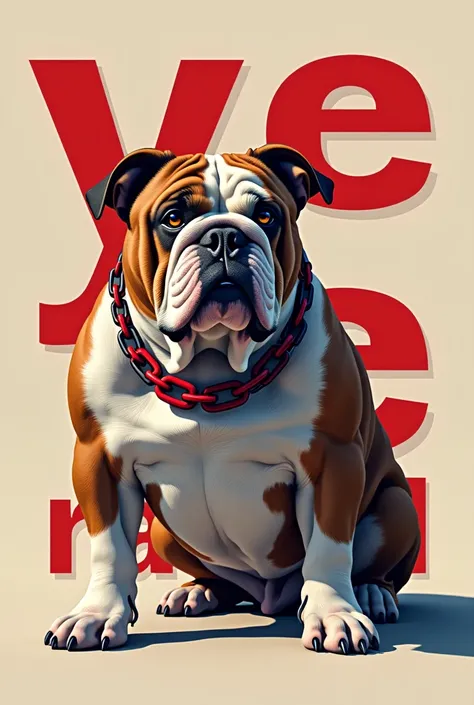 Create my a photo of a pure breed bulldog with a red and black chain and a text ye 💜 in the center of the screen and the text is IFC RAILROAD