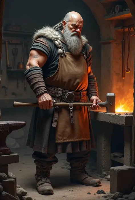 BLACKSMITHER OVER 50 YEARS, LIKE A VIKING BRAIDED GREY BEARD hair,  SHAVED HEAD