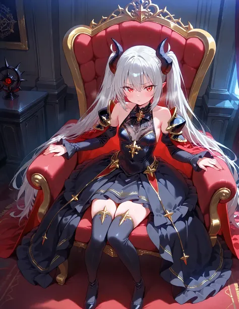 Masterpiece, best quality, ultra-detailed, full-body anime girl. A small and cute silver-haired girl with twintails, glowing red eyes, and a gothic fantasy outfit. She wears a dark navy dress with gold trim, outfit was damaged, intricate embroidery, and a ...