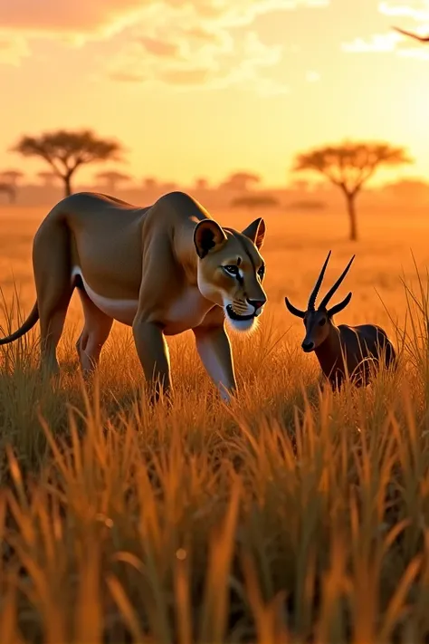 Sarabi crouches low in the tall grass, stalking an antelope grazing alone.
Caption: Sarabi crept silently toward an antelope, alone and vulnerable.