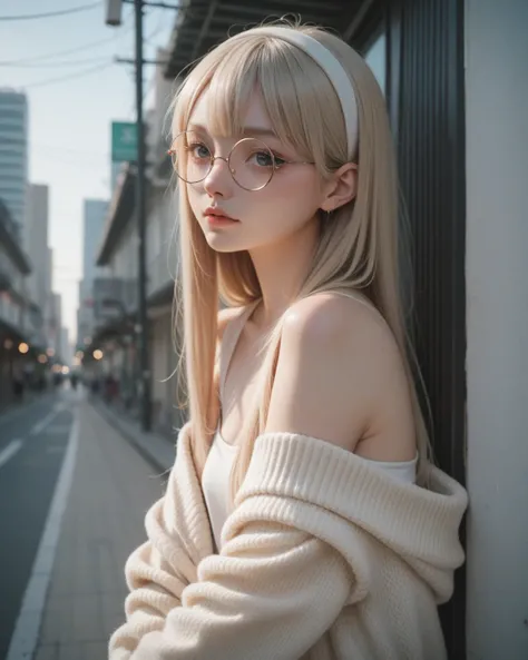 Hoshii Miki. Tokyo city . Round shaped glasses. knit. Off shoulder. Gas station . hair band