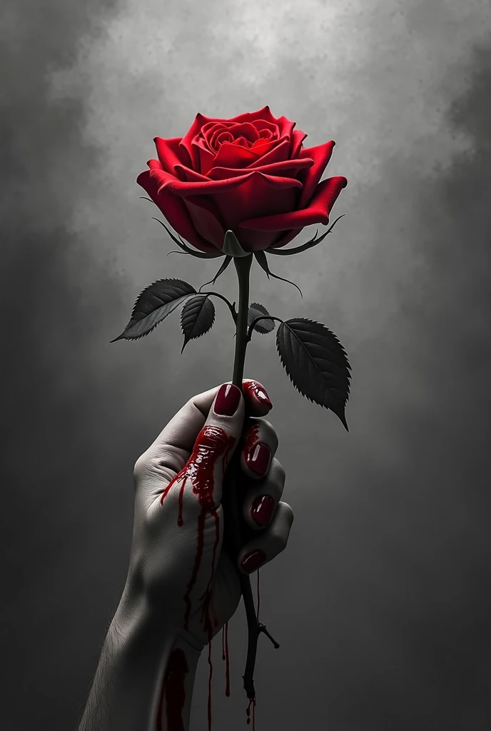 Red rose in blooded hand in black and white background 