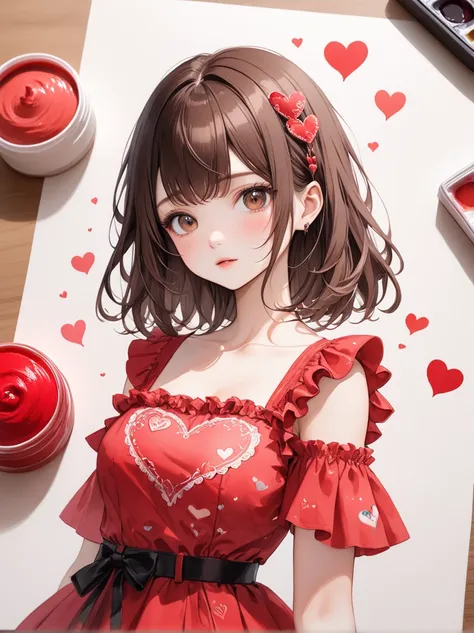 I'm wearing bright red lace clothes　watercolor　 shoulder out　 frill　Dark brown hair　Hearts are drawn on clothes
