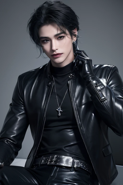 ((highest quality, 8K, masterpiece: 1.3)), Handsome boy from a visual kei band:1.5, 20-year-old、Delinquent boy、 well-groomed face, blue hair color、thin face、（white skin:1.5）、silver eyes、boy with makeup、laugh fearlessly、host、Super handsome、Extra-fine face, ...