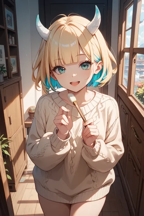 Memucho,
 open your mouth ,  light brush, :3, smile,
 short hair,   blond hair left and right,  multi colored hair,   Aqua Eyes, blunt bangs, horn,  Sweater Tuck In ,
 are standing,  stares at the viewer,  completely naked