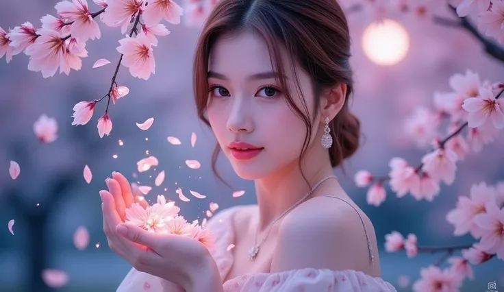 Silent Moonlight 、 beautiful woman、 Cherry Blossom Trees in Full Bloom々、In the palm of your hand１ cherry blossom petals in bulk