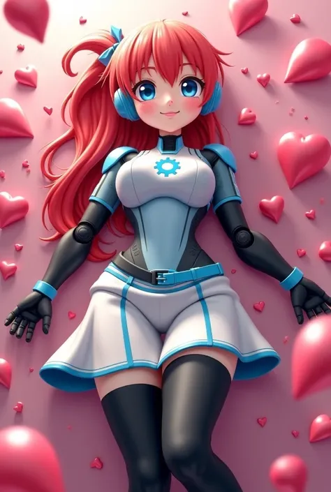 A fantasy land full of valentine hearts, a sexy playful curvy anime robot scantily clad woman with grayish white robot skin, big blue eyes, medium breasts, she is lying down on a heart shaped bed, ((pink cheek dots 1.3)), big smile, long red hair with a si...