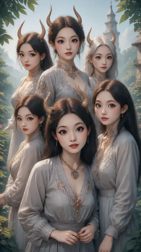design一副好莱坞香艳大师designof超级宏伟巨制电影宣发版超精美巨幅海报。 Mythical monster, fake monster, empress, idol group ，Team shape ，Assembly，Fu Rui，女主horn群像，（ using a real physical engine ：1.8）、 facial features Axial asymmetry 、 High-tech beauty 、 pink fun charm 、粉红情趣魅魔等horn色Asse...