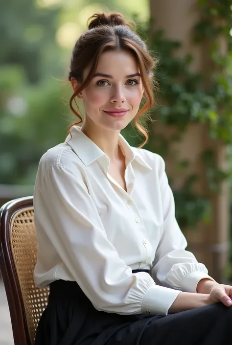 A  old young woman, brown-haired with a fresh and elegant appearance , She is sitting in a chair outside a luxurious estate. She wears a white long-sleeved blouse and a black skirt..  The atmosphere of the farm is sophisticated ,  The young woman has a cal...