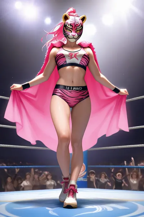 Full body front portrait, I am a Japanese female wrestler, I am a princess tiger mask, I am a masked wrestler instead of a woven mask, I am a female idol wrestler, I am a WWE lightweight champion, my hair is a ponytail, my costume is transparent with a pin...