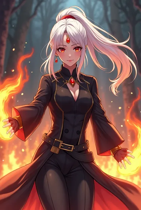 (Anime Style 1.5), (Woman with white hair), (Ponytail), (Red teardrop gem on the forehead 2.0), (Black outfit), (Adventurer outfit with long coat), (Magical and Fantasy), (Fire Magic)