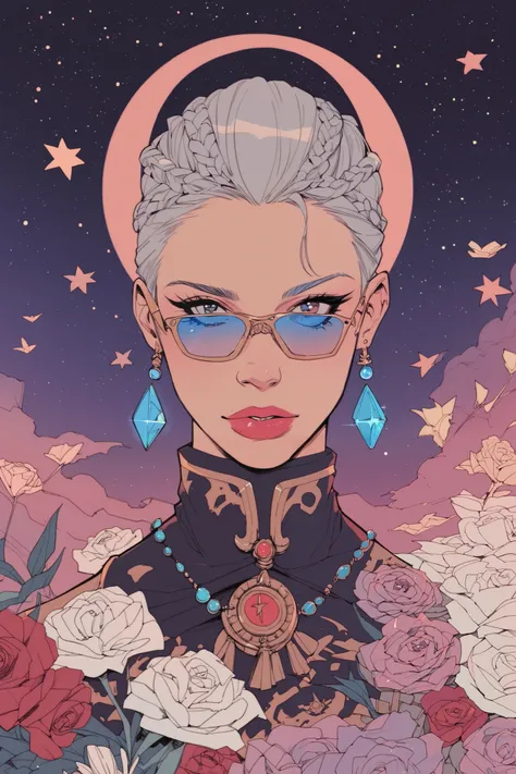 In the old style, black, red and blue shades.. Retro style. The first plan is close. On the cover of the book: fantasy, magic, red and blue shades, flowers, Warhammer 40,000, future, a woman with short platinum hair, in a Kazan traditional outfit, diamond ...