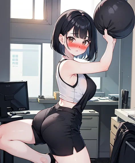 1 woman, masterpiece, 4k, 23 years old, japanese woman, goth clothes, short whavy black hair with bangs, bob haircut, embarased, red cheeks, gigant breast, gigant butt, black tank top, streching shorts, looking at shorts, in an office, perfect lighting, bu...