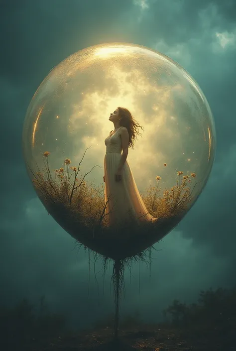 A woman trapped inside a bubble with good and bad things inside, the bubble is hanging upon a small height off the ground but the woman on the inside is deceived thinking that is dangerous to get out of the bubble