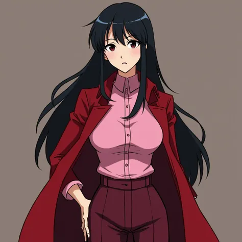 Hook was a young and pretty woman like Yor Forger from the anime Spy Family, There was a light blue hook on the left hand,  wore a long red coat over a pink shirt showing off her H-cup breasts, and ,  and maroon pants underneath, ,  long, straight black ha...