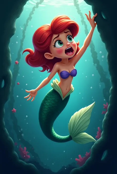 cartoon mermaid afraid who escape with a raised arm  