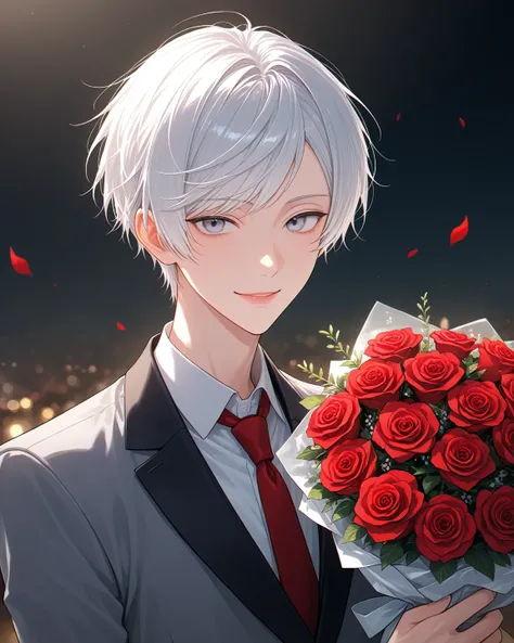 solo, looking at viewer, smile, short hair,bishounen,skinny,lips,portrait, white hair, 1boy, grey eyes, swept bangs, jacket, upper body, male focus, collared shirt, red necktie, red flower, red rose, holding bouquet,