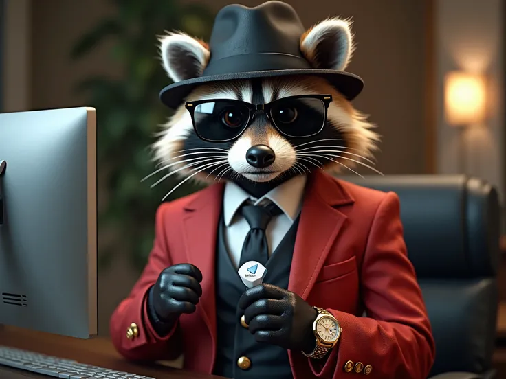 (masterpiece, best quality, 4k, 8k, ultra highres, realistic:1.2), full-body shot of a sophisticated raccoon, wearing square black sunglasses (subtle reflection of a city skyline in lenses:0.8), wearing a tailored red blazer (golden buttons, silk lining:0....