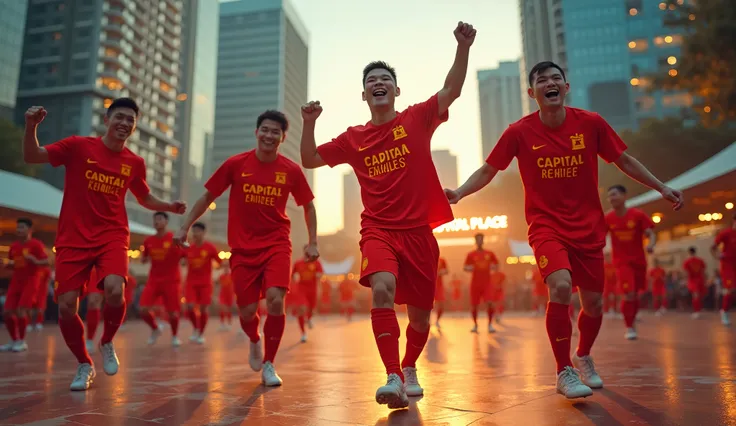 a group of 4 Vietnamese football male players are dancing extremely cool on the square, Vietnamese red soccer player uniforms yellow text and Vietnam Flag, dynamic, bright, the background is behind the building with the glowing text "Capital Place" on the ...