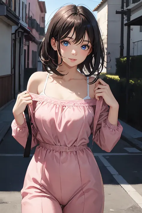 Add-detail
1girl, Solo, Blue Eyes, Black Hair, Medium Hair, Hair Intakes.

Medium Breasts, pink clothes, Collarbone 

Outdoor, Cowboy Shot 8k, happy, realistic, hands up