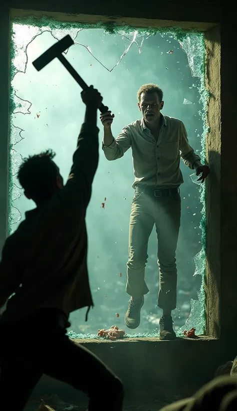 Slow-motion shot of shattered glass raining down as a zombie crashes through a window. Survivor mid-swing with a crowbar, sweat and blood spray frozen in cinematic detail.