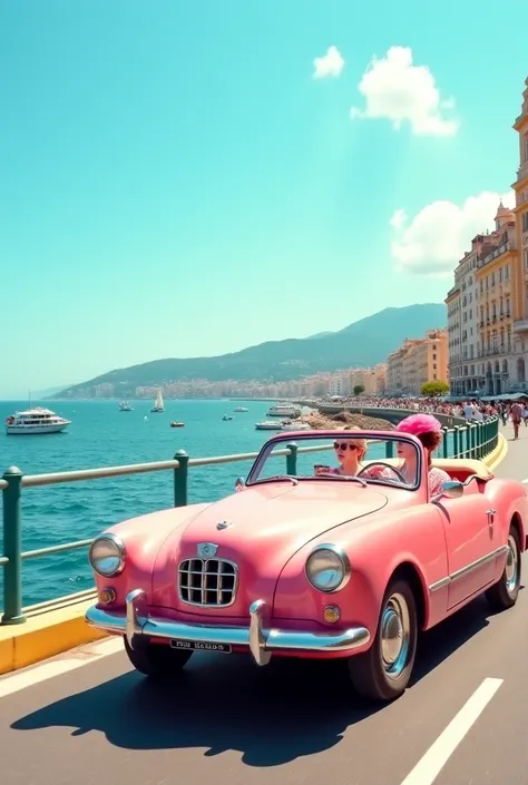 Photo d'une magnifique voiture ancienne colorée de toute les couleurs,des années 1950, avec une belle femme avec une belle robe romantique colorée et un magnifique chapeau coloré, au volant, qui passe sur la magnifique promenade des Anglais à Nice, ensolei...