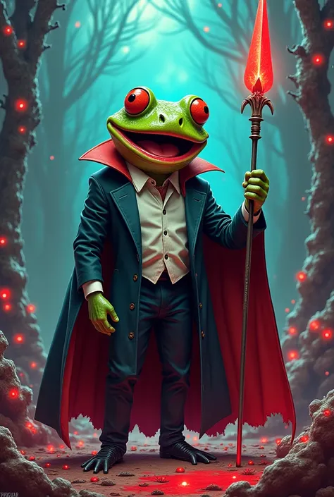 Dracula the frog-faced impaler meme holding a spear