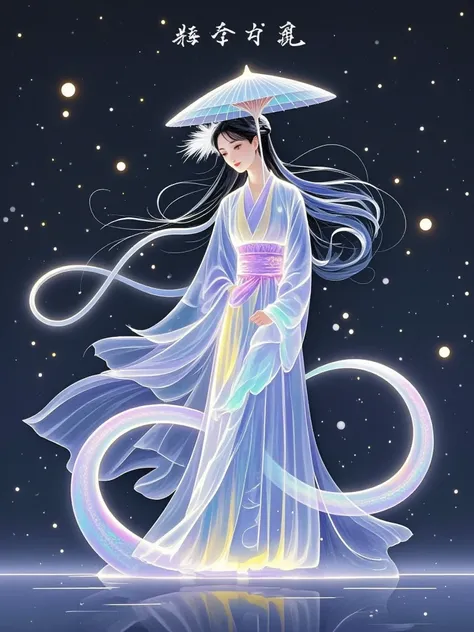 Fine-brush Painting，National style， Using extremely fine light and shadow particles to outline the outline of a beautiful ancient style flying girl， Wearing clothes made of white crane feathers， Outline cutting，Vibrant，， minimal style，Film Aesthetics，Magic...