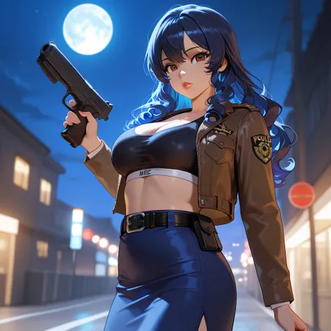 Very Dark Hair, Blue Hair, Long Hair, Curly Hair, Brown Eyes, Breasts, Busty, Dark Blue Sports Bra, Brown Jacket, Blue Skirt, Belt, Police Officer, Solo, Holding Gun, Looking at viewer, Outside, Night, Full Moon, Red Lips