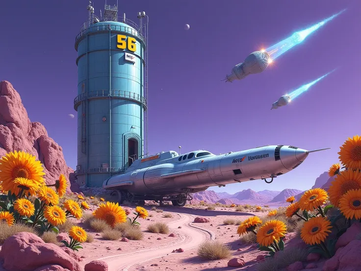 An alien landscape with bright big flowers, tall blue metal building with antennas and entrance, above which is the yellow number 56. A silver-colored spacecraft with a large white inscription on board landed nearby "Vredtech". The sky is purple with big b...