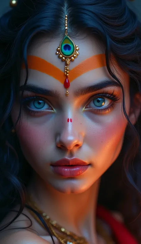 A hyperrealistic close-up portrait of a young woman, likely inspired by Hindu deities like Krishna or Vishnu.  She has large, striking blue eyes, a delicate nose, full lips, and a smooth, almost glistening complexion with subtle, glittering details.  A vib...