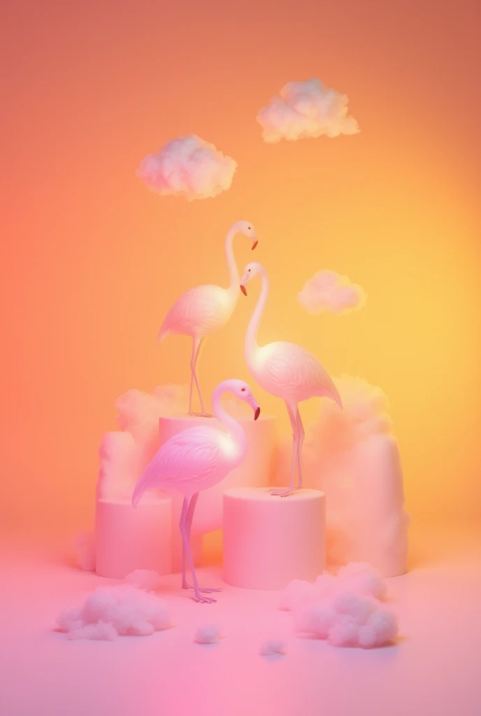 Pink Flamingo : 

A minimalist 3D-rendered scene with three distinct layers:  
1st plane: Stylized flamingos with smooth, schematic forms, glowing with soft neon pink light. Their bodies are simple yet elegant, with a glossy finish.  
2nd plane: Two fluffy...