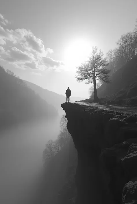 Cree moi un paysage qui exprime un sentiment de rêverie a travers plusieurs élément. Tout d'abord la composition met en avant une figure humaine début sur un rochet  complètent un chemin infini qui semble menait vers le ciel. les nuage et le soleil renforc...