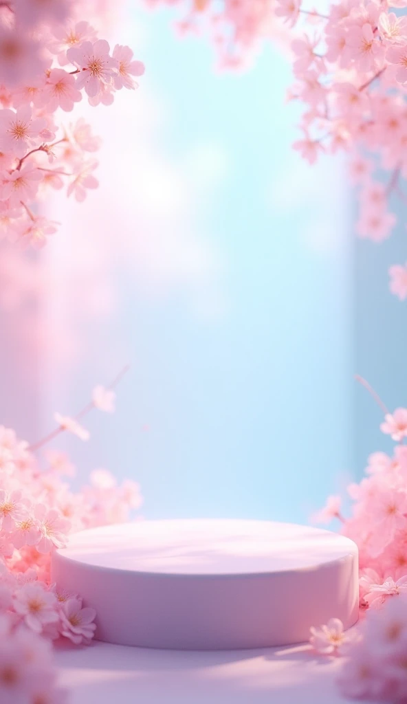  quality, spring style background, translucent, pink to blue gradient, small translucent flowers, podium from below 