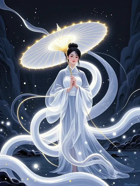 Fine-brush Painting，National style， Use extremely fine light and shadow particles to outline a beautiful, ancient flying girl，Wear clothes made of white crane feathers ， Outline cutting，Vibrant，， minimal style，Film Aesthetics，Magic，dream，, the outline of a...