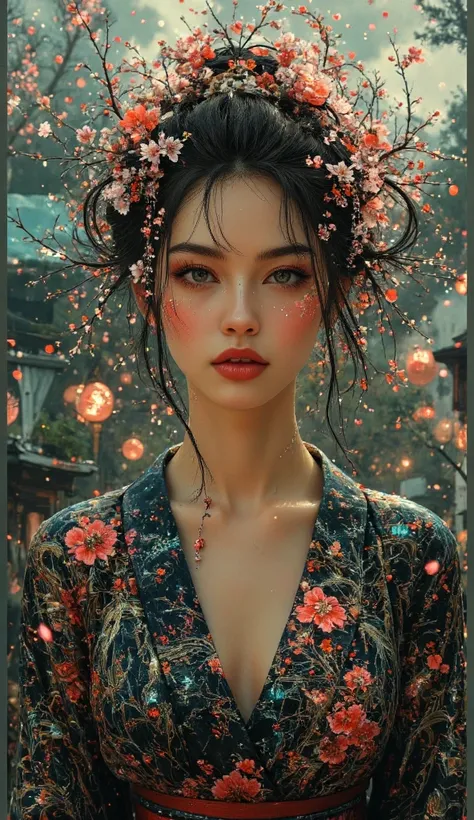 A breathtaking portrait of a woman in a deep V-neck kimono-style top, seamlessly blending the refined elegance of Japanese ukiyo-e art with the surreal, high-tech aesthetics of cyber-futurism. Inspired by the styles of Katsushika Hokusai and Masamune Shiro...