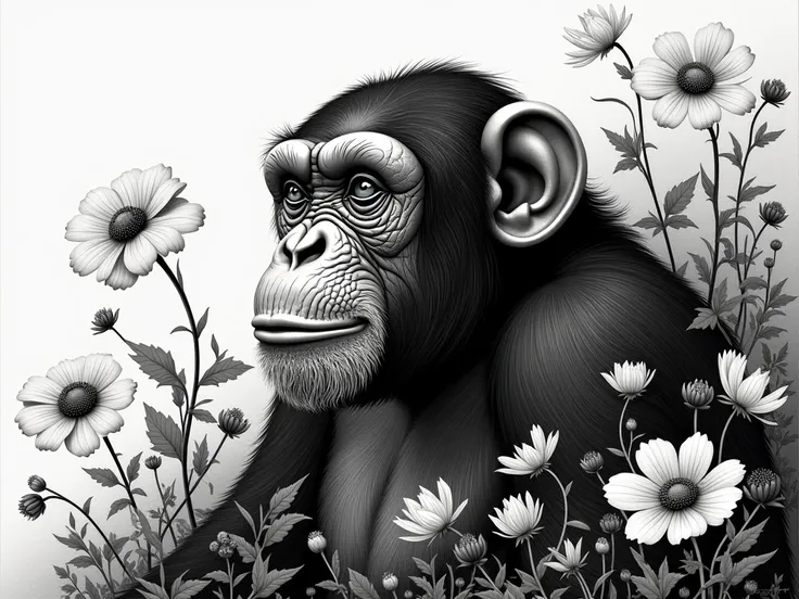 chimpanzee deep and flowers look illustration etchning black and white