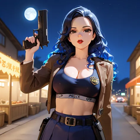 Very Dark Hair, Blue Hair, Long Hair, Curly Hair, Brown Eyes, Red Lips, Breasts, Busty, Dark Blue Sports Bra, Brown Jacket, Blue Skirt, Belt, Police Officer, Solo, Holding Gun, Looking at viewer, Outside, Night, Full Moon, Countryside