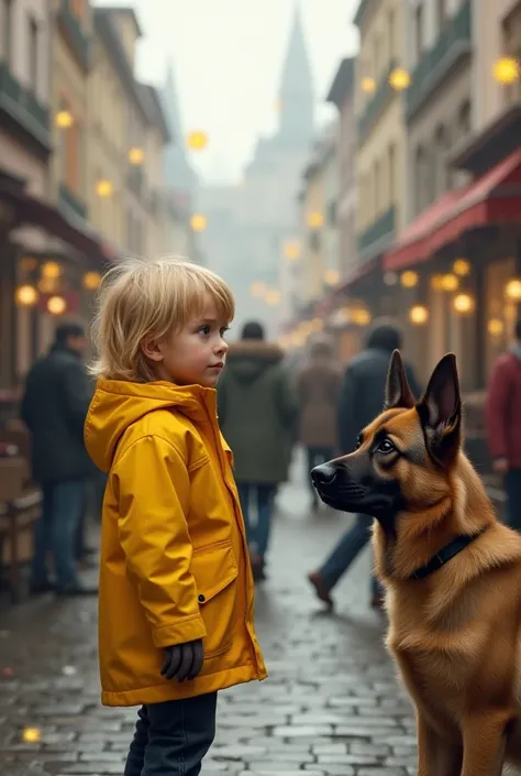 This image appears to be a digitally generated or AI-enhanced scene depicting a young  with blonde hair and a yellow raincoat standing next to an adult figure in a bustling European-style street. The  has a curious and slightly serious expression, gazing i...