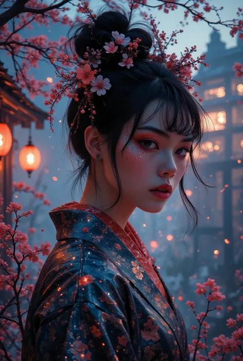 A breathtaking portrait of a woman in a deep V-neck kimono-style top, seamlessly blending the refined elegance of Japanese ukiyo-e art with the surreal, high-tech aesthetics of cyber-futurism. Inspired by the styles of Katsushika Hokusai and Masamune Shiro...