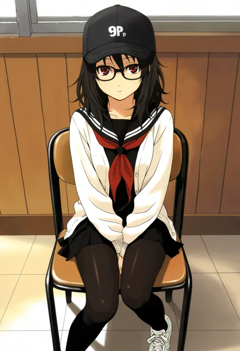  high quality, Masterpiece,flat,Alone, girl, 2010s hentai manga ,赤い髪, fluffy medium hair, red eyes,black volleyball hat , underrim black glasses , white cardigan, black long sleeve sailor suit , miniskirt, black pantyhose, white sneakers, expressionless , ...