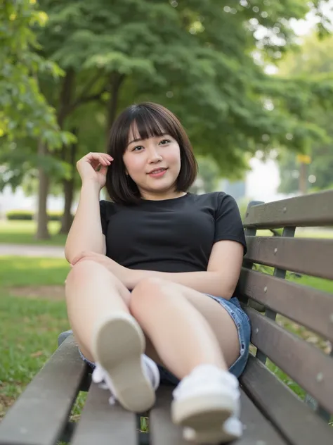 a Japanese very beautiful actress、lying on a bench in a park、Bare legs、 beautiful feet、 t-shirts、 jeans shorts、smile、 black hair bob cut 、Big Breasts、 plump thighs、 white sneakers、from the below、