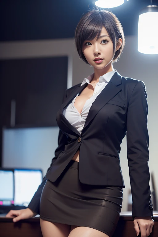 (8k, RAW photo, photorealistic, HQ, masterpiece), a cute Japanese woman, (glowing eyes), 
(laugh ), brown hair, fluffy Pixie Bob hair, (business suit, jacket suit, Pencil Skirt, Tight skirt, 
skirt suit), large breasts, (background Large office), Seductive...