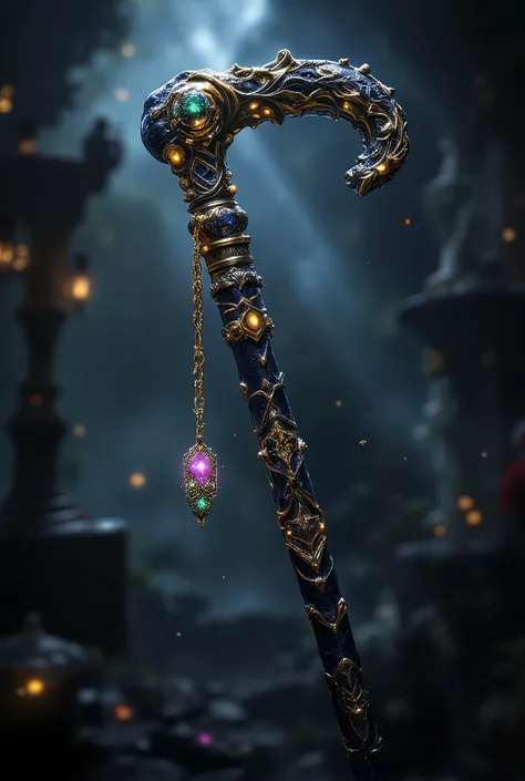 Стиль  phantesis ,  Beautiful ((A cane with bright glowing patterns , very detailed,  on the cane there is a golden chain with a pattern and a pendant in the form of a small book in green and purple glitter)),  complicated details, 8 k,  Very detailed,  be...