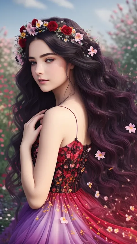 A European woman, decorated with a red and purple dress. Her wavy hair cascades around her, complemented by delicate flowers in the background, creating a fairy -tale scene. Black details of the petals and leaves of the black playground, the transition of ...