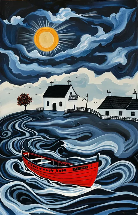 the red boat rushes along the river ,  blue sky ,  Sun,  but black clouds are coming back