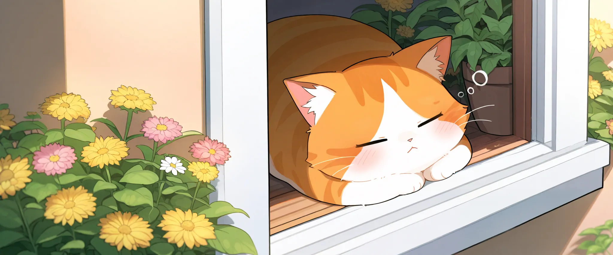 A cute illustration of a chubby, content cat lounging in a sunny spot on a windowsill, surrounded by pots of blooming plants, with a peaceful, sleepy expression.