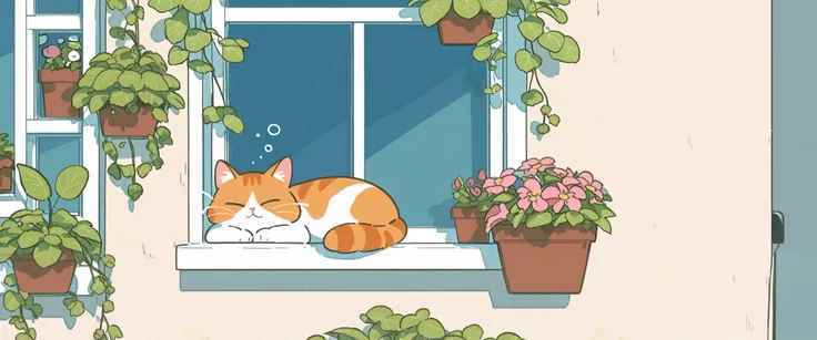 A cute illustration of a chubby, content cat lounging in a sunny spot on a windowsill, surrounded by pots of blooming plants, with a peaceful, sleepy expression.