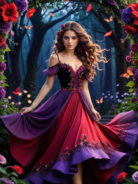 A European woman, decorated with a red and purple dress. Her wavy hair cascades around her, complemented by delicate flowers in the background, creating a fairy -tale scene. Black details of the petals and leaves of the black playground, the transition of ...