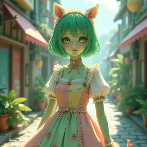 a young woman with green skin, short hair, wearing a sweet short lolita outfit, detailed eyes, full body pic, she has a tail, standing in a street or indoor setting with a gorgeous view, 8k, high resolution, photorealistic, masterpiece